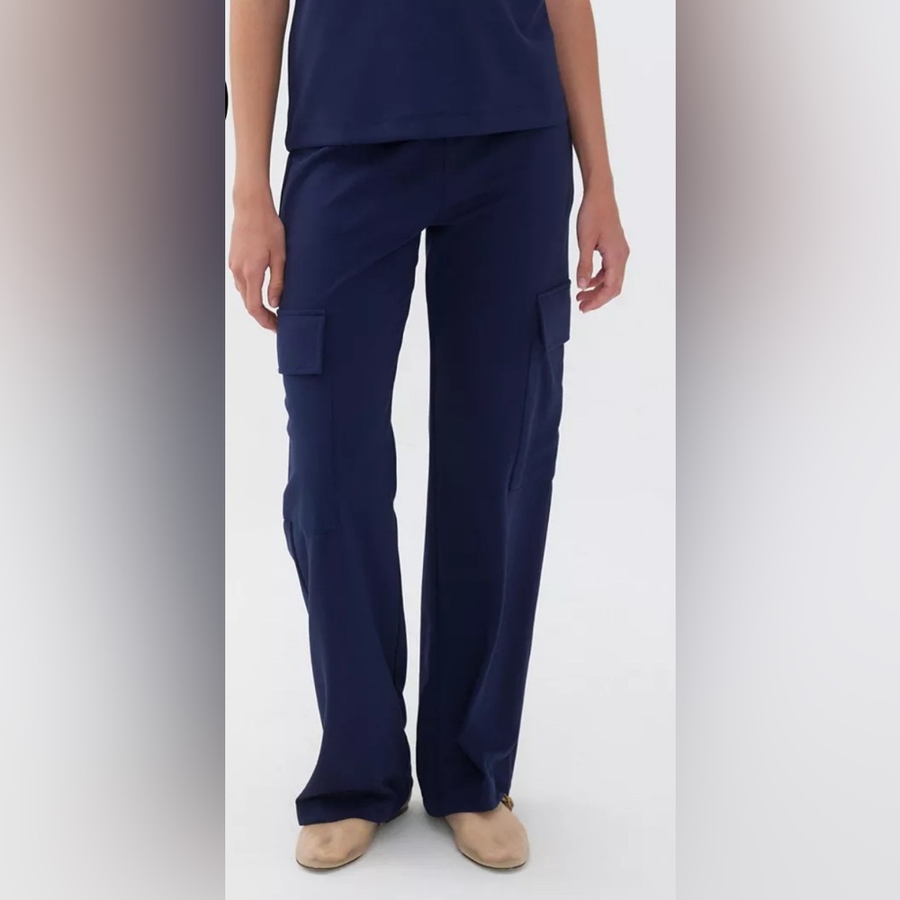 Nocturne Navy Blue Cargo Pants Medium Elastic Waist Relaxed Fit Utility